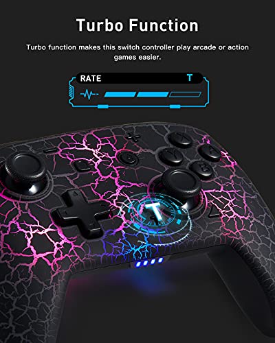 Switch Controller, Wireless Switch Pro Controller for Switch/Switch Lite/Switch OLED, 8 Colors Adjustable LED Wireless Remote Gamepad with Unique Crack/Turbo/Motion Control (Black) - Game-Savvy