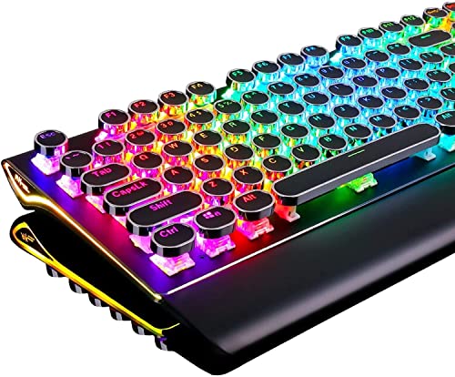 RK ROYAL KLUDGE S108 Typewriter Style Retro Mechanical Gaming Keyboard Wired with True RGB Backlit Collapsible Wrist Rest 108-Key Blue Switch Round Keycap - Black - Game-Savvy