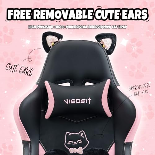 Vigosit Cute Gaming Chair with Cat Paw Lumbar Cushion and Cat Ears, Ergonomic Computer Chair with Footrest, Reclining PC Game Chair for Girl, Teen, Kids, Black Pink - Game-Savvy