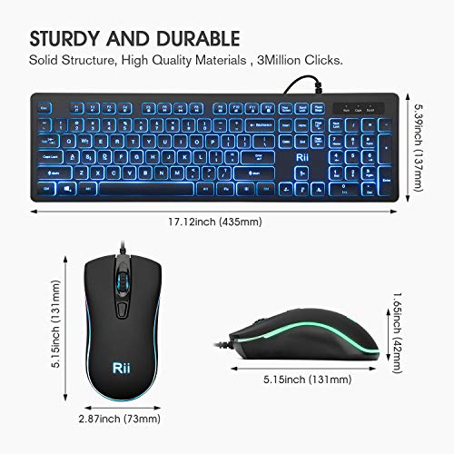 Rii Three Colors Backlit Business Keyboard,Gaming Keyboard and Mouse Combo,USB Wired Keyboard,RGB Optical Mouse for Gaming,Business Office - Game-Savvy