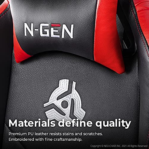 N-GEN Gaming Chair with Footrest Levelled Seat Style PU Leather Adjustable Ergonomic Lumbar Support High Back Office Swivel Computer Desk Headrest Design E-Sports PC Gamer Height Reclining (3. Red) - Game-Savvy