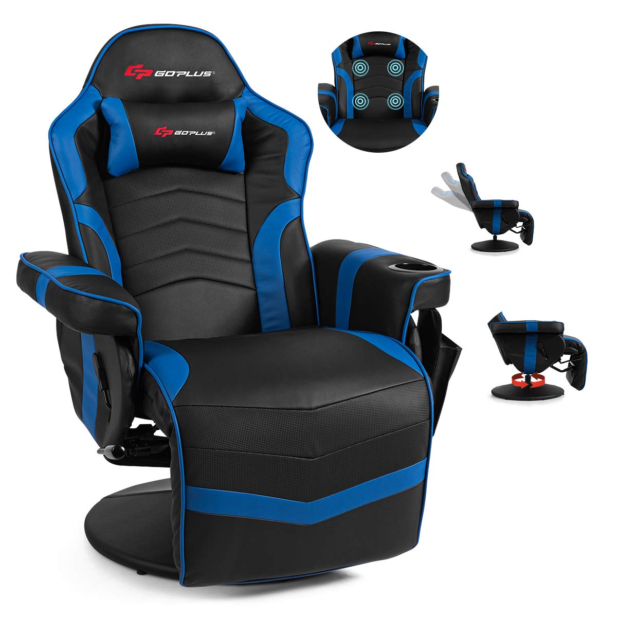 POWERSTONE Gaming Recliner Massage Gaming Chair with Footrest Ergonomic PU Leather Single Sofa with Cup Holder Headrest and Side Pouch, Adjustable Living Room Chair Seating, Navy Blue - Game-Savvy