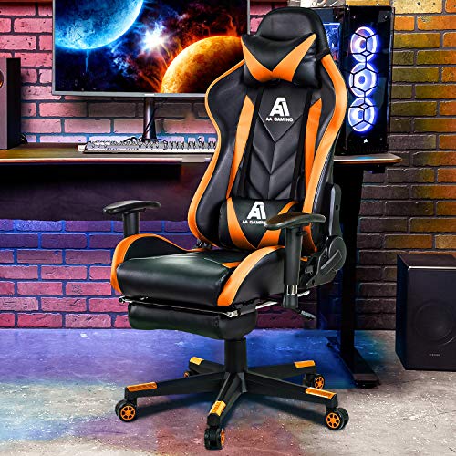 AA Products Gaming Chair High Back Ergonomic Computer Racing Chair Adjustable Office Chair with Footrest, Lumbar Support Swivel Chair - Orange - Game-Savvy