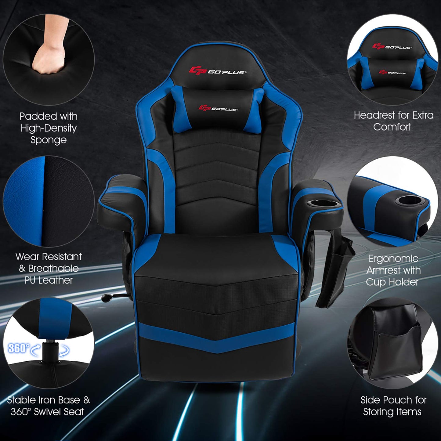 POWERSTONE Gaming Recliner Massage Gaming Chair with Footrest Ergonomic PU Leather Single Sofa with Cup Holder Headrest and Side Pouch, Adjustable Living Room Chair Seating, Navy Blue - Game-Savvy