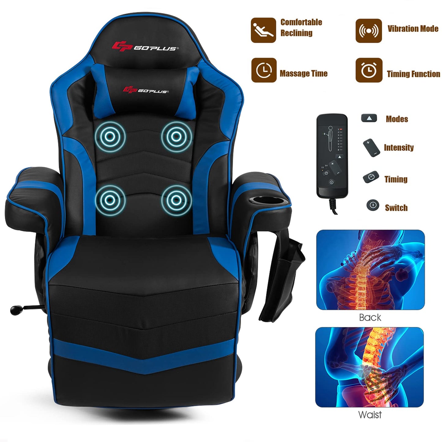 POWERSTONE Gaming Recliner Massage Gaming Chair with Footrest Ergonomic PU Leather Single Sofa with Cup Holder Headrest and Side Pouch, Adjustable Living Room Chair Seating, Navy Blue - Game-Savvy