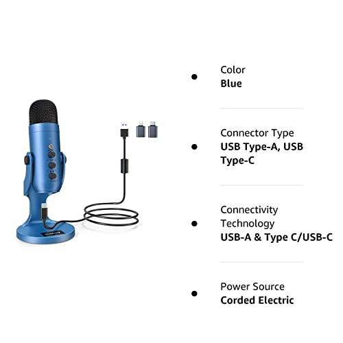 ZealSound USB Microphone, Condenser Gaming Microphone pc for Phone/Laptop/PC/PS4/5/Computer,Microphone with Gain Knob,LED Mute,Monitor Volume Adjustment,Stand Base for Streaming, Podcast, Studio Recording (Blue) - Game-Savvy