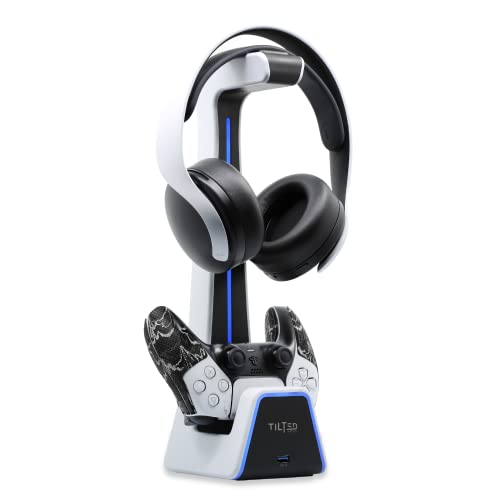 Tilted Nation RGB Headset and Controller Stand with Charging - For Playstation or PC - PS4 / PS5 Controller Holder with Charger - Headphone and Game Controller Holder for Desk - Off White to Match PS5 - Game-Savvy