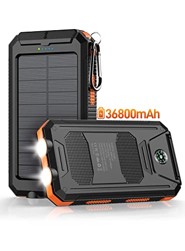 Power-Bank-Portable-Charger-Solar - 36800mAh Waterproof Portable External Backup Battery Charger Built-in Dual QC 3.0 5V3.1A Fast USB and Flashlight for All Phone and Electronic Devices (Orange) - Game-Savvy