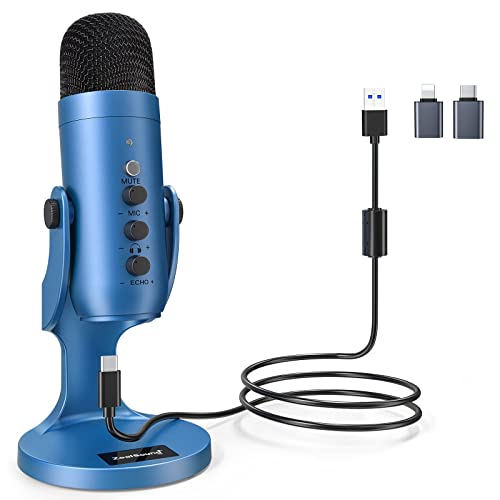 ZealSound USB Microphone, Condenser Gaming Microphone pc for Phone/Laptop/PC/PS4/5/Computer,Microphone with Gain Knob,LED Mute,Monitor Volume Adjustment,Stand Base for Streaming, Podcast, Studio Recording (Blue) - Game-Savvy