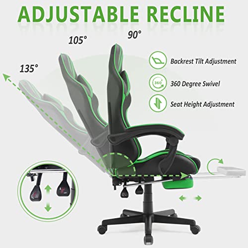 Ferghana E-Sports Chair,Gaming Chair,Racing Office Computer Game Chair,Ergonomic Gaming Chair,Racing Style with Adjustable Recliner and Retractable Footrest and Headrest/Lumbar Pillow(Green) - Game-Savvy