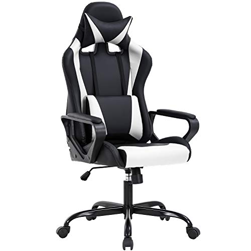 High-Back Gaming Chair PC Office Chair Computer Racing Chair PU Desk Task Chair Ergonomic Executive Swivel Rolling Chair with Lumbar Support for Back Pain Women, Men (White) - Game-Savvy