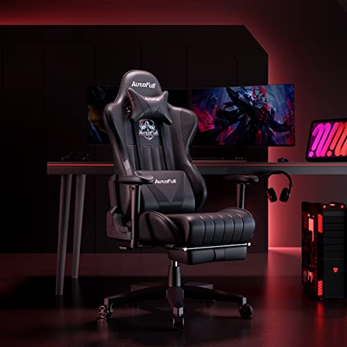 AutoFull Gaming Chair 5.1in Seat Cushion Ergonomic Gamer Chair with Lumbar Support Racing Style High Back PU Leather Computer Gaming Chair with Retractable Footrest,Black - Game-Savvy