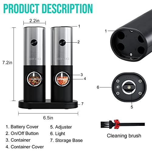 Electric Pepper and Salt Grinder Set, Adjustable Coarseness, Battery Powered with LED Light and Storage Base, One Hand Automatic Operation, 2 Pack - Game-Savvy