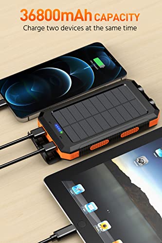 Power-Bank-Portable-Charger-Solar - 36800mAh Waterproof Portable External Backup Battery Charger Built-in Dual QC 3.0 5V3.1A Fast USB and Flashlight for All Phone and Electronic Devices (Orange) - Game-Savvy