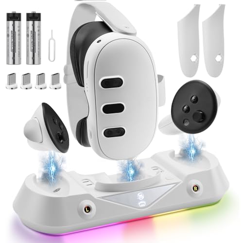 Grathia Charging Dock for Meta Quest 3, High Speed Charging Stand VR Headset Charging Stand for Meta Quest 3, Magnetic Charging Station for VR Headset and Touch Controllers with RGB Light 2 Batteries - Game-Savvy