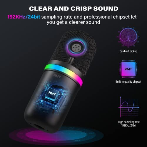 USB Microphone-WMT Condenser Gaming Microphone for PC/MAC/PS4/PS5/Phone- Cardioid Mic with Brilliant RGB Lighting Headphone Output Volume Control, Mute Button, for Streaming Podcast YouTube Discord - Game-Savvy