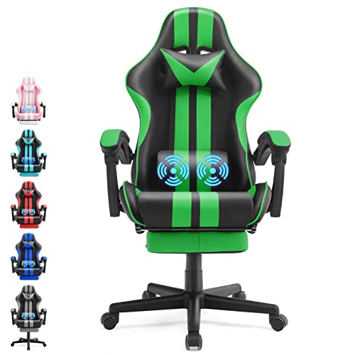 Ferghana E-Sports Chair,Gaming Chair,Racing Office Computer Game Chair,Ergonomic Gaming Chair,Racing Style with Adjustable Recliner and Retractable Footrest and Headrest/Lumbar Pillow(Green) - Game-Savvy