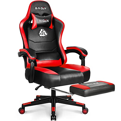 N-GEN Gaming Chair with Footrest Levelled Seat Style PU Leather Adjustable Ergonomic Lumbar Support High Back Office Swivel Computer Desk Headrest Design E-Sports PC Gamer Height Reclining (3. Red) - Game-Savvy