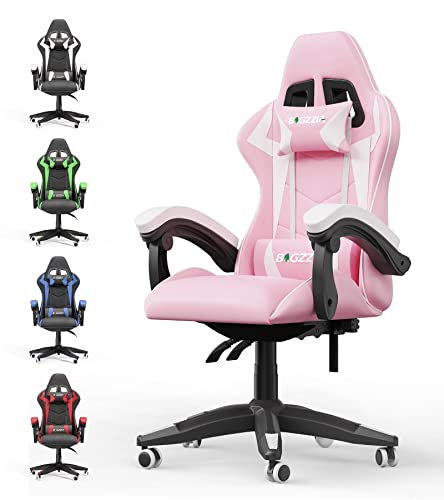 Pink Gaming Chair, Reclining High Back PU Leather Office Desk Chair with Headrest and Lumbar Support, Adjustable Swivel Rolling Video Game Chairs Ergonomic Racing Computer Chair - Game-Savvy