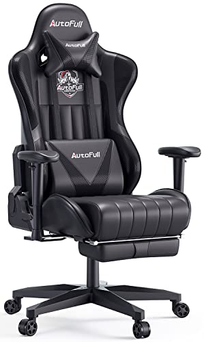 AutoFull Gaming Chair 5.1in Seat Cushion Ergonomic Gamer Chair with Lumbar Support Racing Style High Back PU Leather Computer Gaming Chair with Retractable Footrest,Black - Game-Savvy
