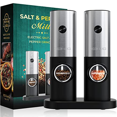 Electric Pepper and Salt Grinder Set, Adjustable Coarseness, Battery Powered with LED Light and Storage Base, One Hand Automatic Operation, 2 Pack - Game-Savvy
