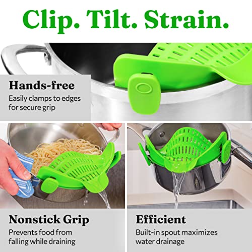 Kitchen Gizmo Snap N Strain Pot Strainer and Pasta Strainer - Adjustable Silicone Clip On Strainer for Pots, Pans, and Bowls - Kitchen Colander - Lime Green - Game-Savvy