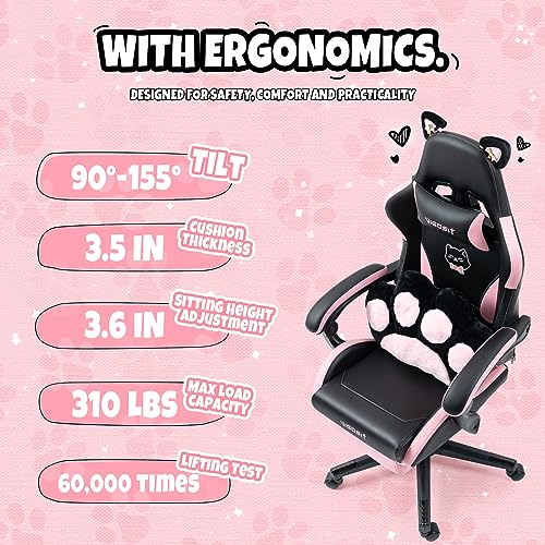 Vigosit Cute Gaming Chair with Cat Paw Lumbar Cushion and Cat Ears, Ergonomic Computer Chair with Footrest, Reclining PC Game Chair for Girl, Teen, Kids, Black Pink - Game-Savvy