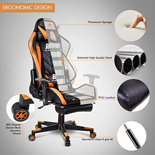 AA Products Gaming Chair High Back Ergonomic Computer Racing Chair Adjustable Office Chair with Footrest, Lumbar Support Swivel Chair - Orange - Game-Savvy
