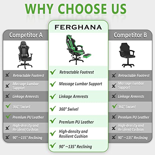 Ferghana E-Sports Chair,Gaming Chair,Racing Office Computer Game Chair,Ergonomic Gaming Chair,Racing Style with Adjustable Recliner and Retractable Footrest and Headrest/Lumbar Pillow(Green) - Game-Savvy