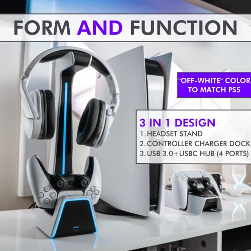 Tilted Nation RGB Headset and Controller Stand with Charging - For Playstation or PC - PS4 / PS5 Controller Holder with Charger - Headphone and Game Controller Holder for Desk - Off White to Match PS5 - Game-Savvy