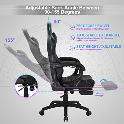 Blue Whale Heavy Duty Gaming Chair with Footrest and Massage, 350LBS