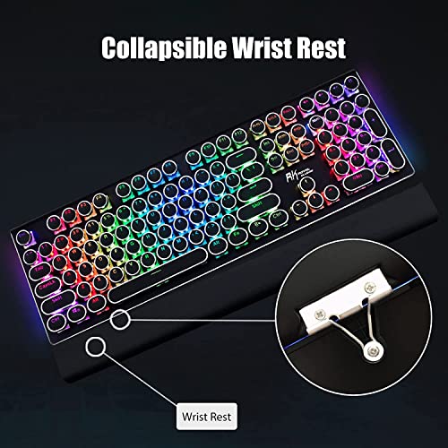RK ROYAL KLUDGE S108 Typewriter Style Retro Mechanical Gaming Keyboard Wired with True RGB Backlit Collapsible Wrist Rest 108-Key Blue Switch Round Keycap - Black - Game-Savvy