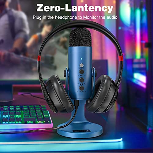 ZealSound USB Microphone, Condenser Gaming Microphone pc for Phone/Laptop/PC/PS4/5/Computer,Microphone with Gain Knob,LED Mute,Monitor Volume Adjustment,Stand Base for Streaming, Podcast, Studio Recording (Blue) - Game-Savvy