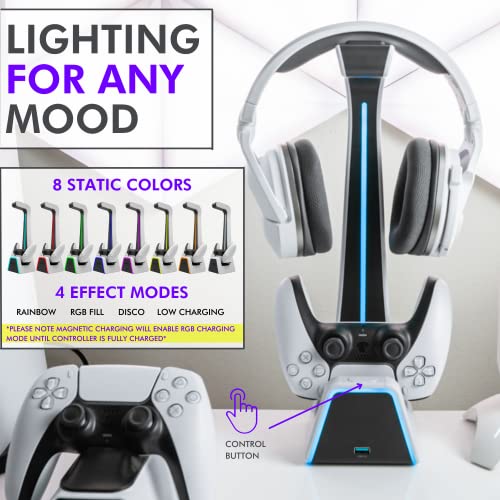 Tilted Nation RGB Headset and Controller Stand with Charging - For Playstation or PC - PS4 / PS5 Controller Holder with Charger - Headphone and Game Controller Holder for Desk - Off White to Match PS5 - Game-Savvy