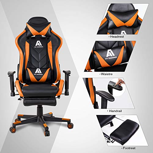 AA Products Gaming Chair High Back Ergonomic Computer Racing Chair Adjustable Office Chair with Footrest, Lumbar Support Swivel Chair - Orange - Game-Savvy