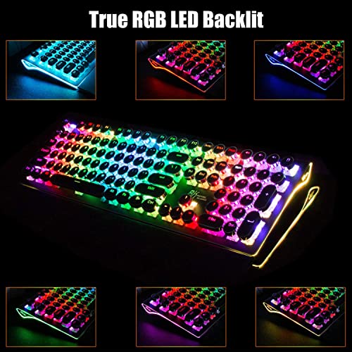 RK ROYAL KLUDGE S108 Typewriter Style Retro Mechanical Gaming Keyboard Wired with True RGB Backlit Collapsible Wrist Rest 108-Key Blue Switch Round Keycap - Black - Game-Savvy