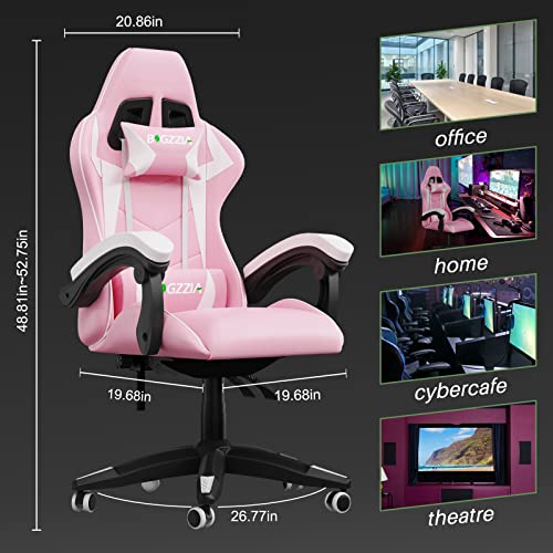 Pink Gaming Chair, Reclining High Back PU Leather Office Desk Chair with Headrest and Lumbar Support, Adjustable Swivel Rolling Video Game Chairs Ergonomic Racing Computer Chair - Game-Savvy