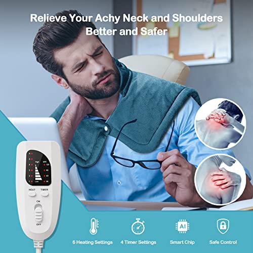 Heating Pad for Neck and Shoulders, 2lb Large Weighted Neck Heating Pad Electric for Neck Shoulder Pain Relief, 6 Heat Settings 4 Auto-Off, Gifts for Women Men Mom Dad, 16"x23" (Blue) - Game-Savvy
