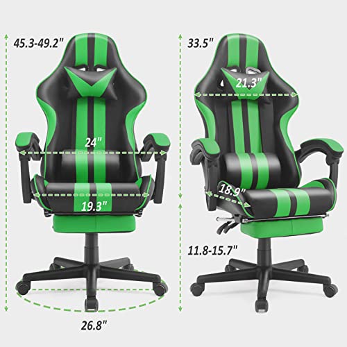 Ferghana E-Sports Chair,Gaming Chair,Racing Office Computer Game Chair,Ergonomic Gaming Chair,Racing Style with Adjustable Recliner and Retractable Footrest and Headrest/Lumbar Pillow(Green) - Game-Savvy