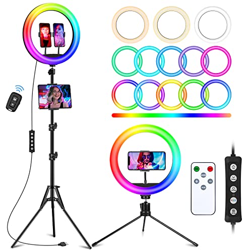 STALLY 12.3" RGB Ring Light with 63" Stand and 2 Phone Holder, Remote Shutter, Tablet iPad Holder, Desk Tripod, Ring Light with 3 CCT Mode & 26 Color Modes for Live Stream/Makeup/YouTube/TikTok - Game-Savvy