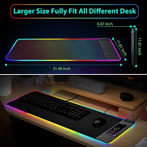 FutureCharger RGB Gaming Mouse Pad with Wireless Charger, Soft Keyboard Pad, Larger Extended Mouse Pad, Non-Slip Rubber Base Computer Mouse Pad, Desk Mat for Laptop/Office/Home 31.49x11.81inch-Black - Game-Savvy