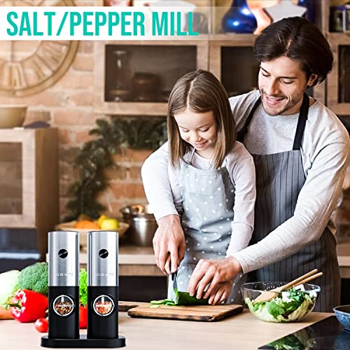 Electric Pepper and Salt Grinder Set, Adjustable Coarseness, Battery Powered with LED Light and Storage Base, One Hand Automatic Operation, 2 Pack - Game-Savvy