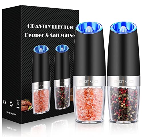 Gravity Electric Pepper and Salt Grinder Set, Adjustable Coarseness, Battery Powered with LED Light, One Hand Automatic Operation, Stainless Steel Black, 2 Pack - Game-Savvy