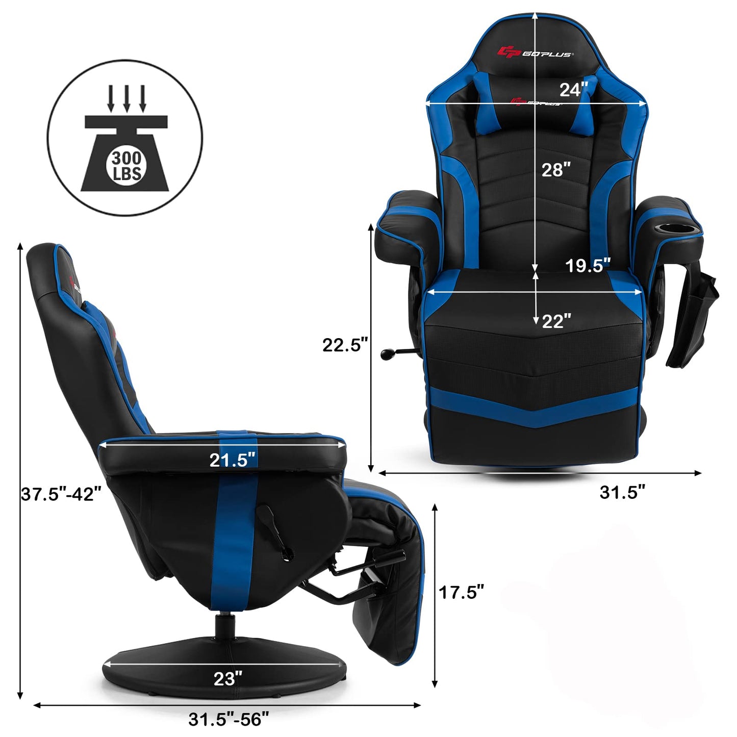 POWERSTONE Gaming Recliner Massage Gaming Chair with Footrest Ergonomic PU Leather Single Sofa with Cup Holder Headrest and Side Pouch, Adjustable Living Room Chair Seating, Navy Blue - Game-Savvy