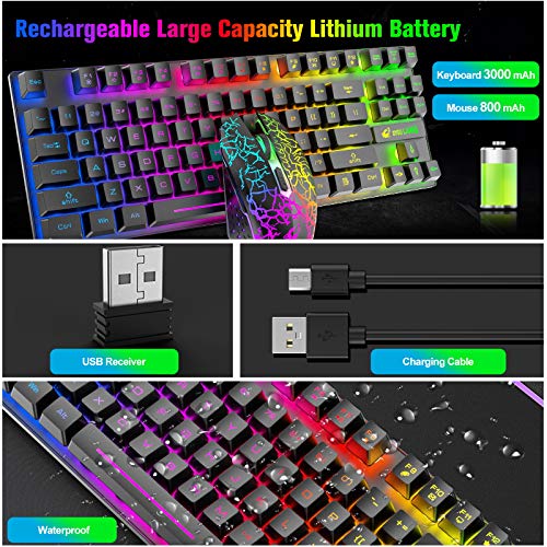 Wireless Gaming Keyboard and Mouse Combo with 87 Key Rainbow LED Backlight Rechargeable 3800mAh Battery Mechanical Feel Anti-ghosting Ergonomic Waterproof RGB Mute Mice for Computer PC Gamer (Black) - Game-Savvy