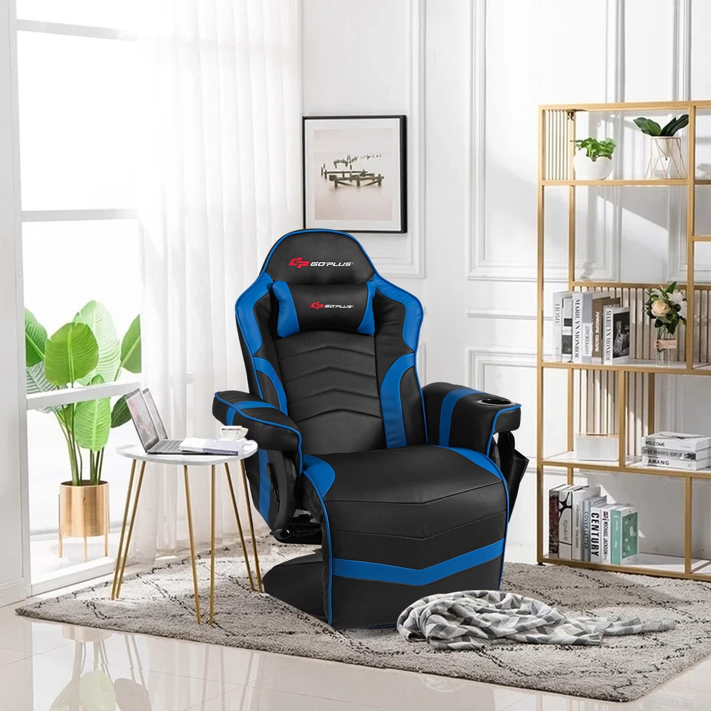 POWERSTONE Gaming Recliner Massage Gaming Chair with Footrest Ergonomic PU Leather Single Sofa with Cup Holder Headrest and Side Pouch, Adjustable Living Room Chair Seating, Navy Blue - Game-Savvy